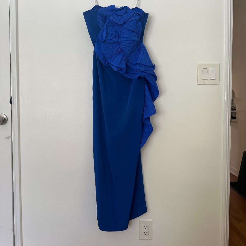 Vintage Marchesa Notte Blue Strapless Ruffle Gown
